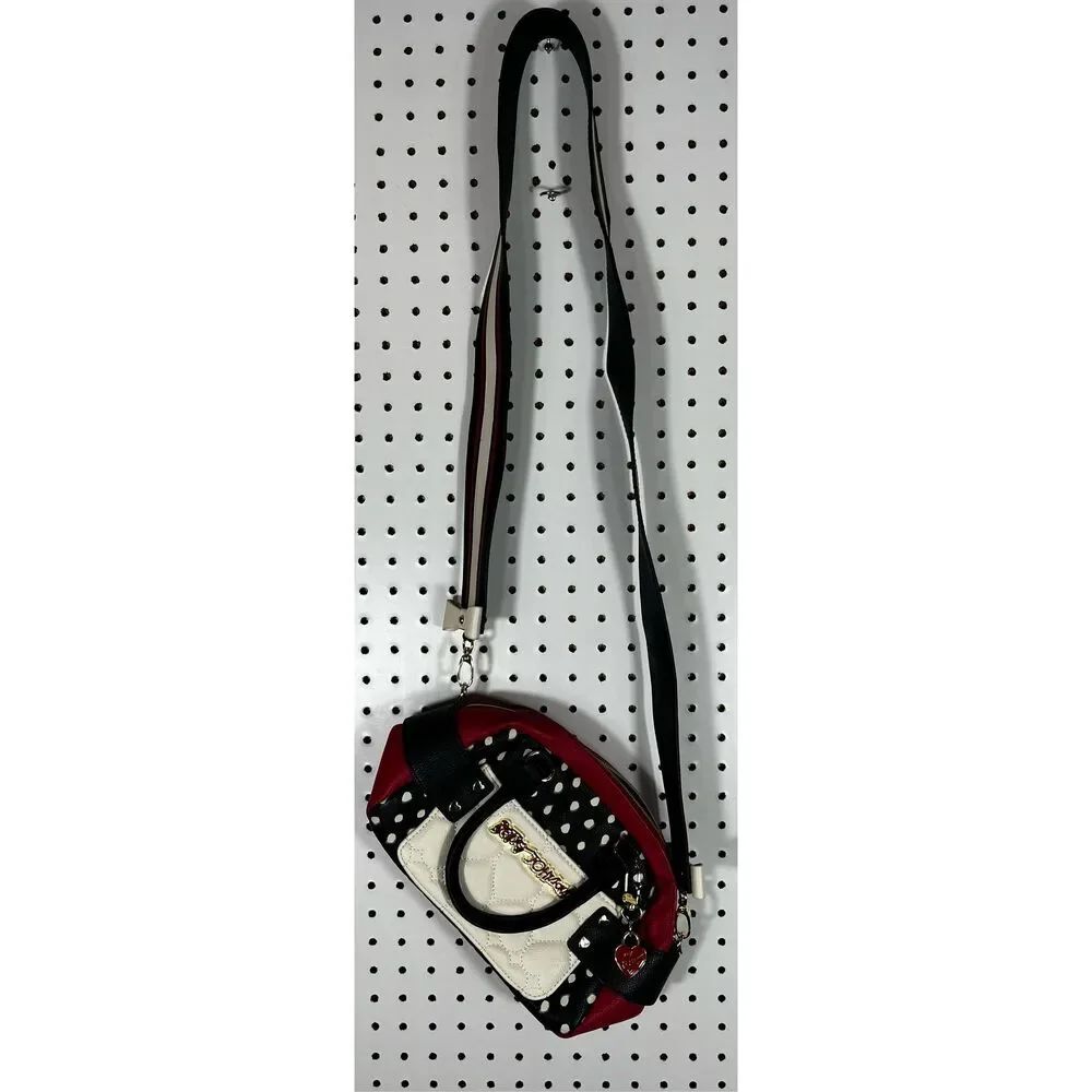 Betsey Johnson Purse Black White Red Dots Rose Liner Shoulder Bag tote Hearts